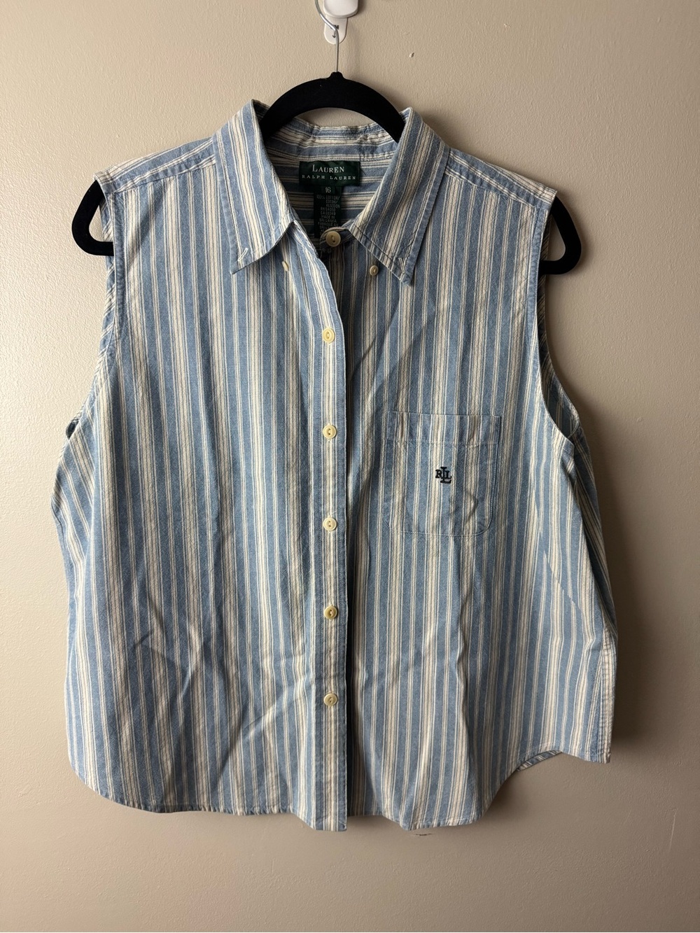 Lauren Ralph Lauren Blue and White Striped Sleeveless Button-Down Shirt